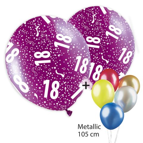 Rundum mit "18" und Konfetti bedruckte, bunt gemischte Luftballons plus eine Traube aus unbedruckten Metallicballons.