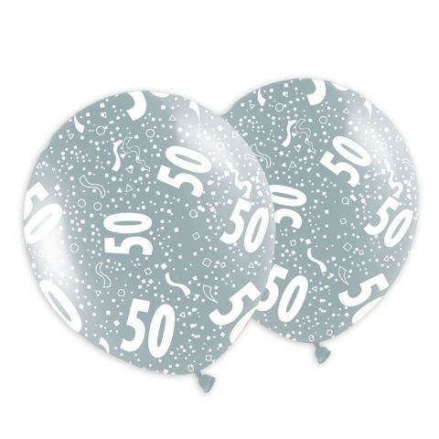 Bunte Metallicballons mit Aufdruck "50" und Konfetti. Rundum bedruckt.