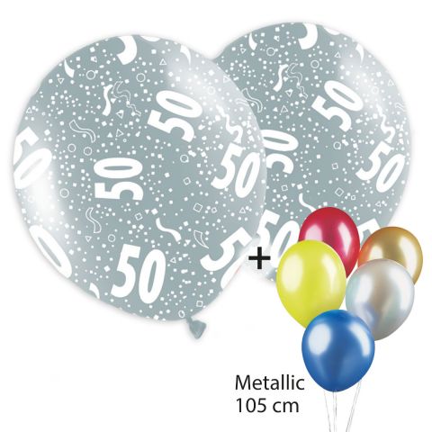 Bunte Metallicballos, rundum bedruckt mit "50" und Konfettimotiv und unbedruckte Ballons.