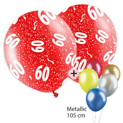 Bunt bedruckte Ballons mit Motiv "60" und Konfetti plus unbedruckte Metallicballons.