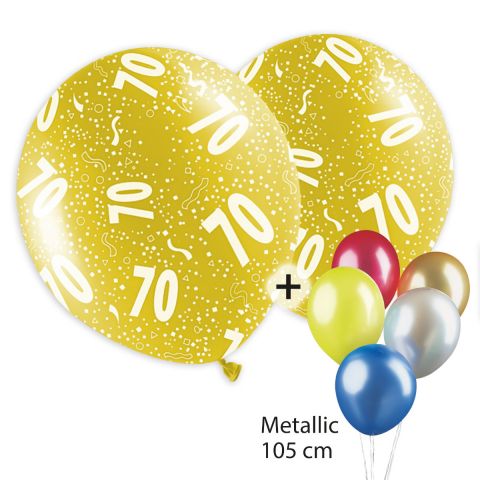 bunte, bedruckte Ballons mit "70" und Konfettimotiv plus unbedruckte Metallicballons