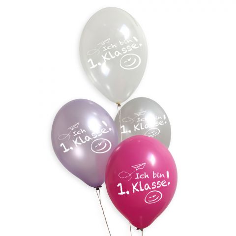 Luftballons zur Einschulungsparty in rosa, pink, lila, transparent und silebr mit dem Aufdruck "Ich bin 1. Klasse!"