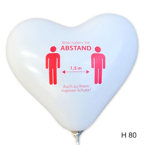 weiße herzluftballons mit dem Aufdruck "Bitte Abstand halten"