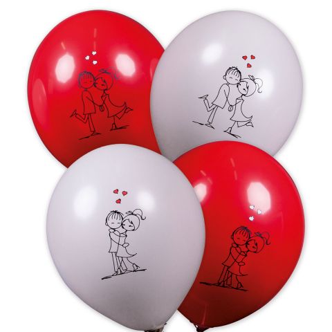 Rote und weiße Ballons mit 2 unterschiedlichen Motiven. Motiv 1: Liebespaar eng umschlungen mit 3 Herzen, Motiv 2: Liebespaar Kopf an Kopf mit 3 Herzen.