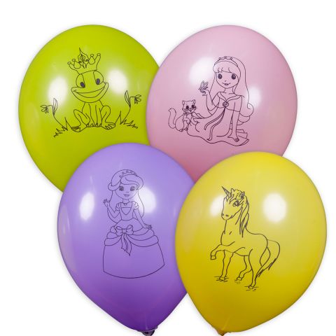Bunte Ballons mit schwarzen aufgedruckten Motiven zum Thema Prinzessin. Motiv: Froschkönig, Prinzessin mit Katze, Prinzessin, Einhorn.