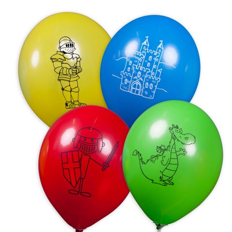 Bunte Ballons mit verschiedenen, schwarzen Rittermotiv-Aufdrucken. (Motive: Ritterrüstung, Ritter, Burg, Drache)